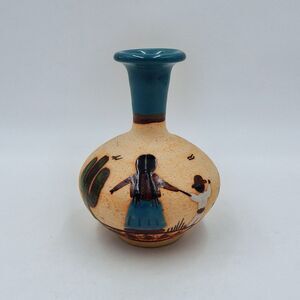 Mexican Pottery Vase Hand Painted Glazed Mother Child Saguaro Cactus 5-1/2 Inch